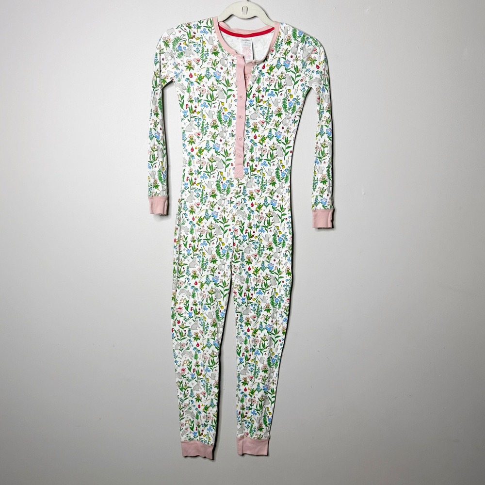 Mini Boden Union Suit Girls 11Y White Pink Floral Bunny Long Sleeve Snug Fit PJ